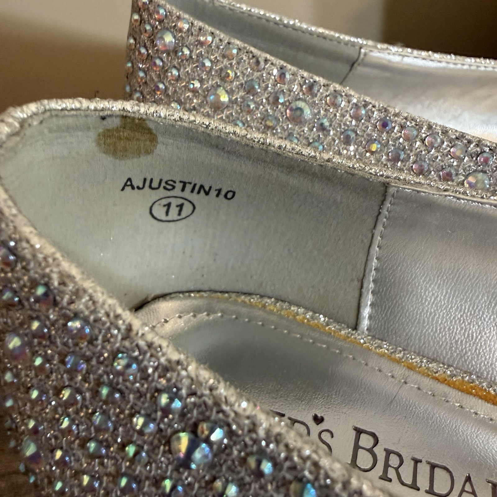 Michaelangelo David’s Bridal Silver Rhinestone Wedge Peep Toe Dress Shoes Sz 11