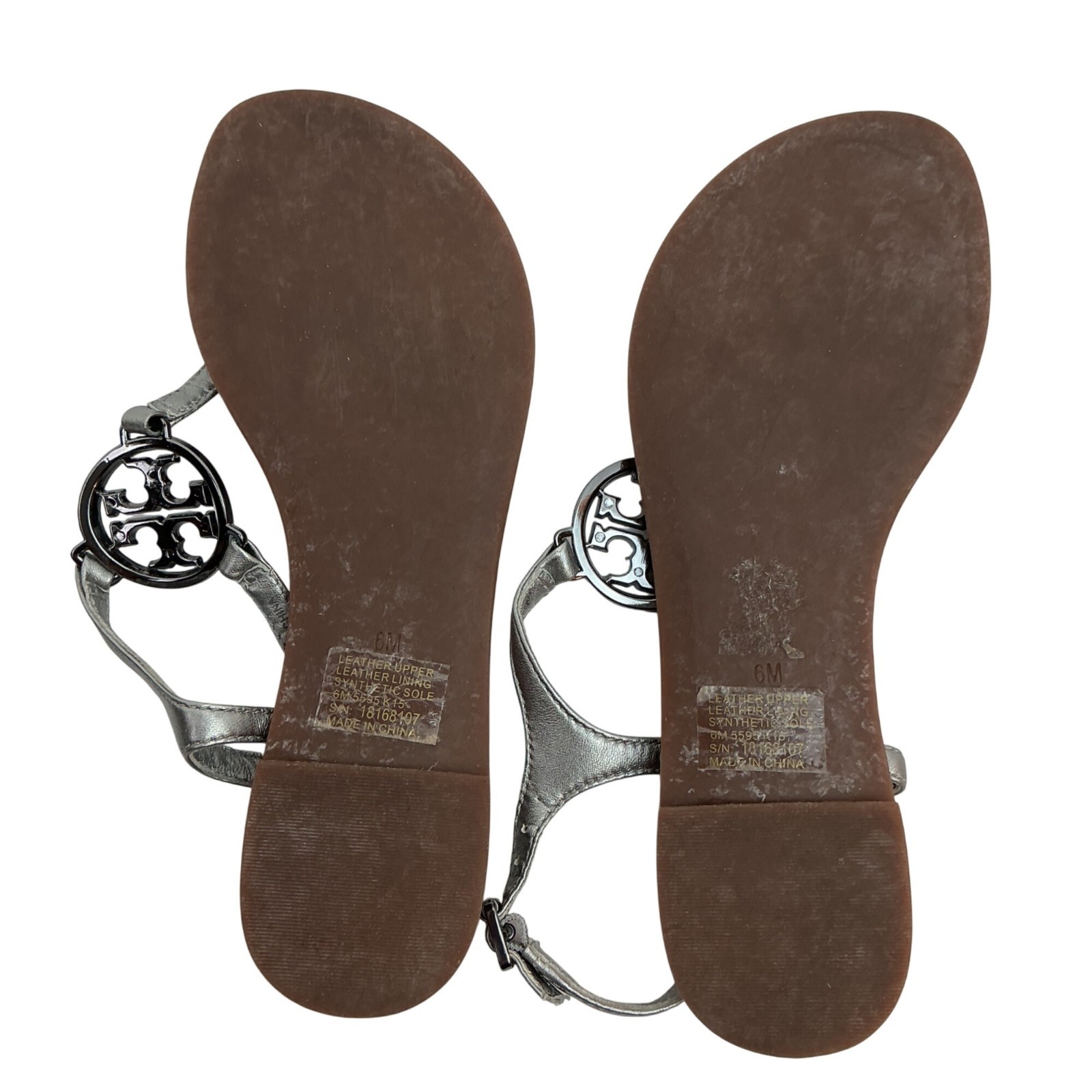 Tory Burch Crystal Metallic Logo Leather Slingback T-Strap Sandals Silver Tan