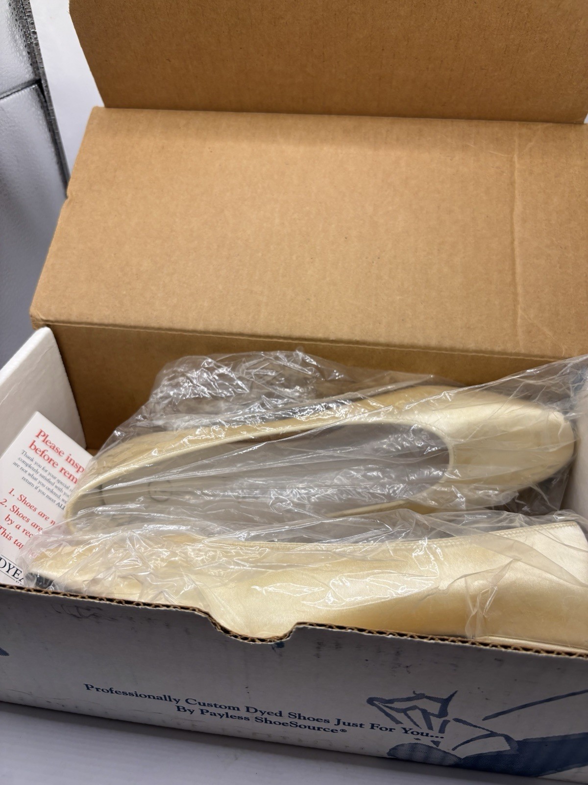 Ivory Satin Fancy Wedding Dyeables Size 7 Low 1.25″ Heels Worn Once