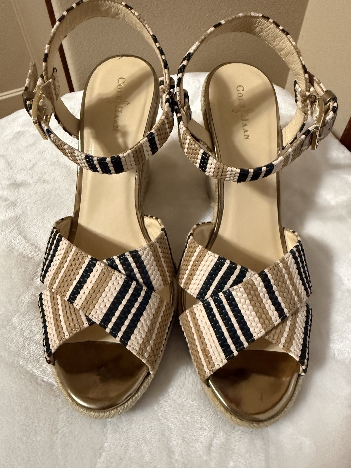 Cole Haan Striped Raffia Wedge Sandals Ankle Strap Buckle Beige Black White 9B