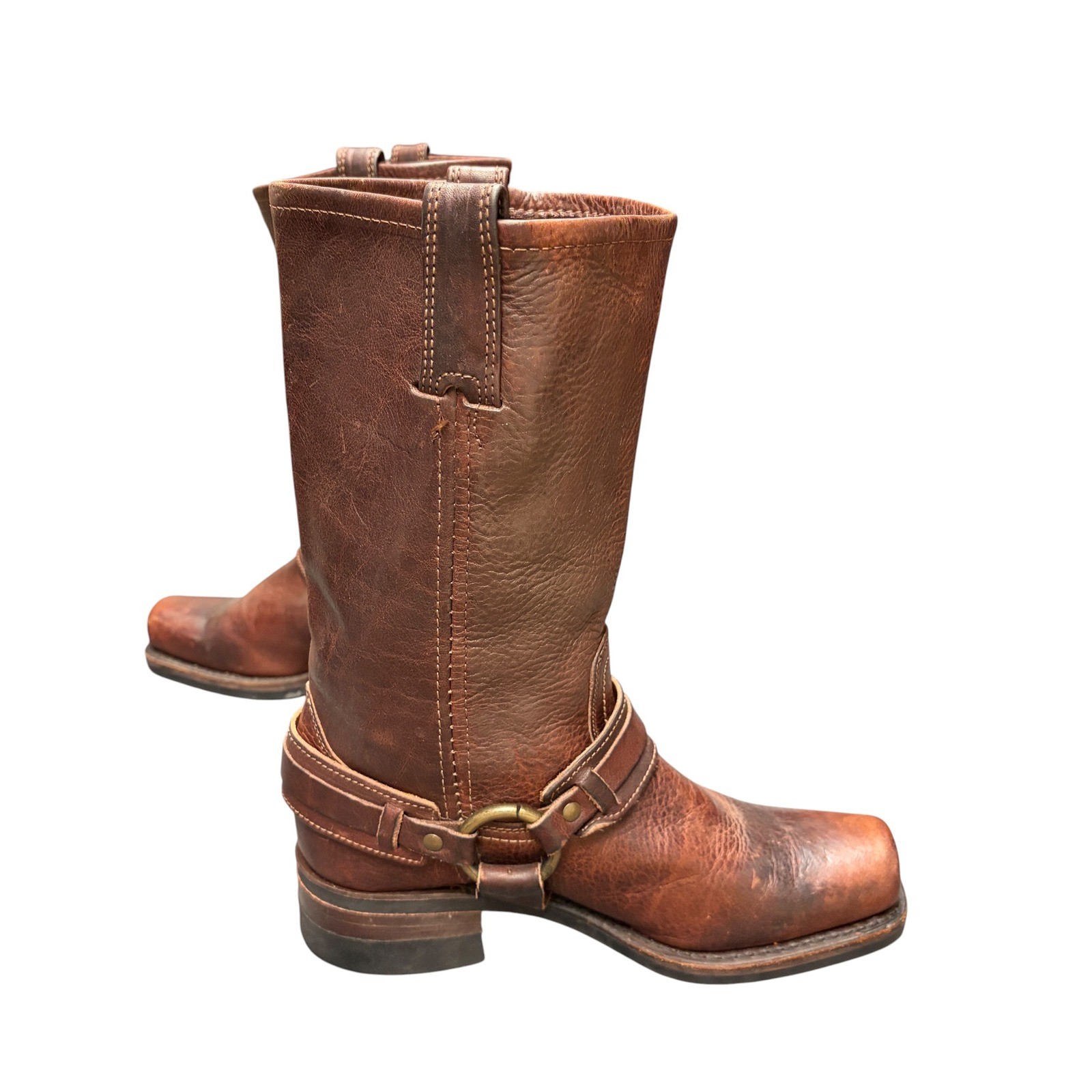 Vintage Frye Brown Leather Belted Harness Boots 77250 Pull On O-Ring Size 8