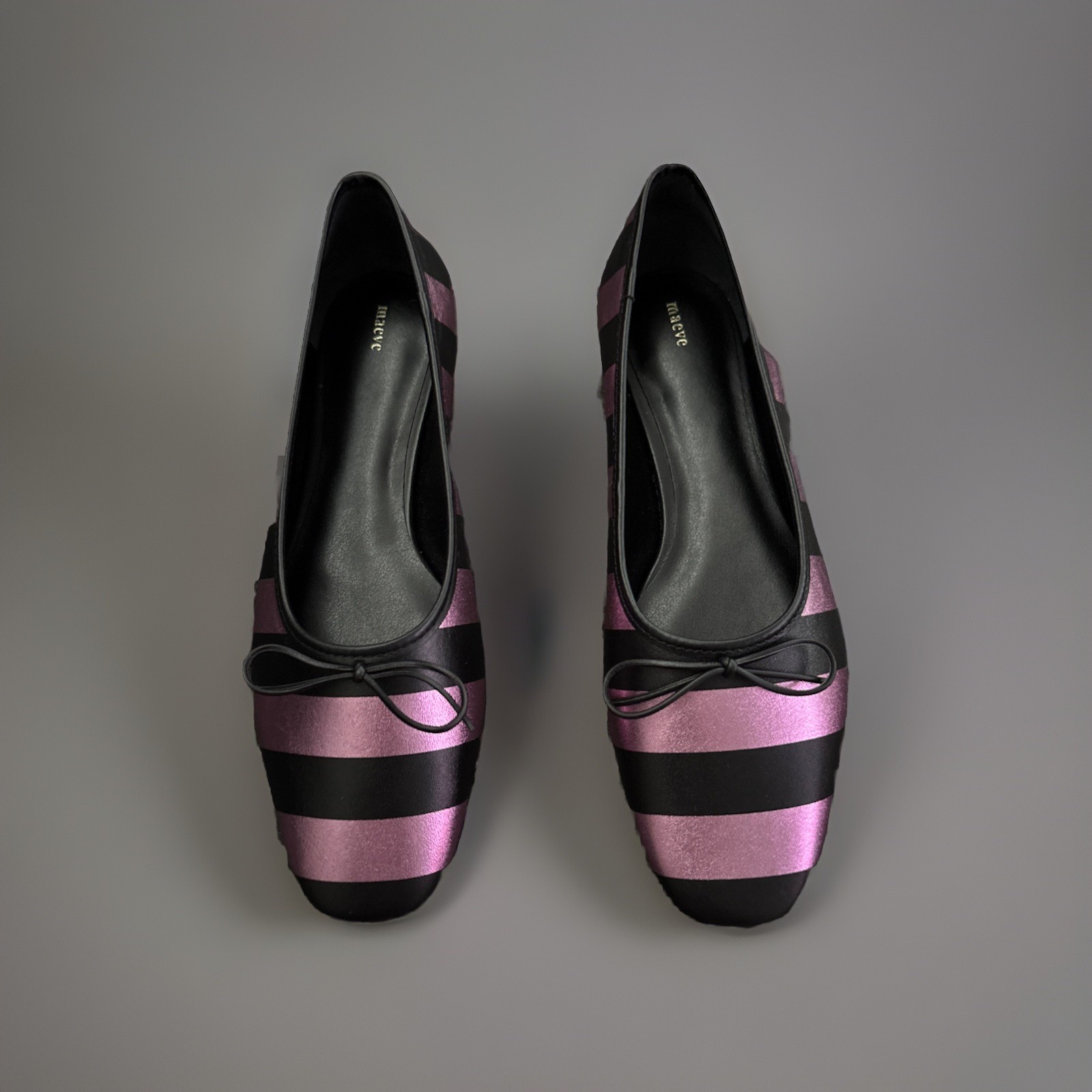 Anthropologie Maeve Square Toe Ballet Flat Pink & Black Striped Metallic 8 NWOB