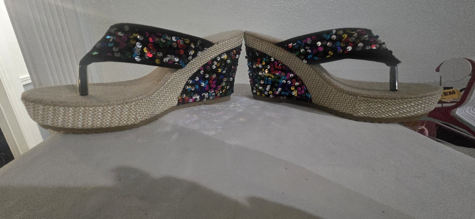 Beige Black Multicolor Sequin Thong Slip-On Wedge Sandals Women AU 11 EU 42