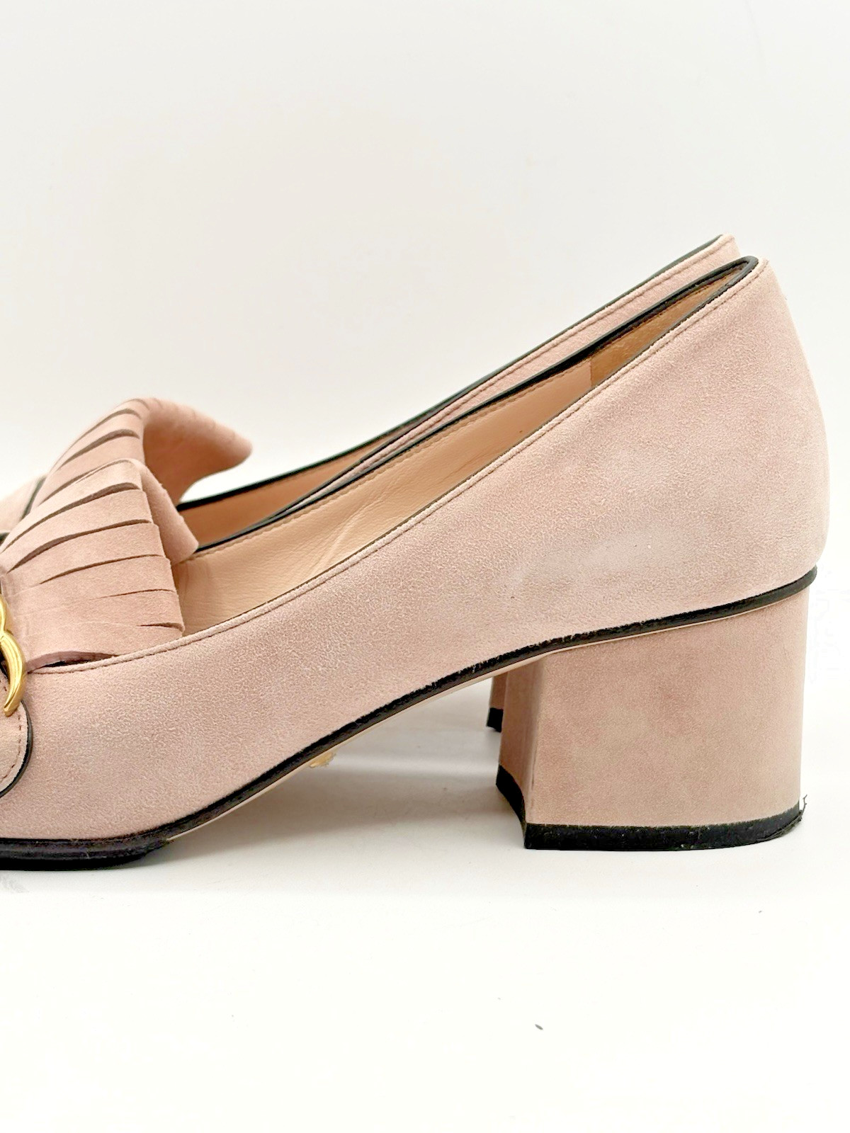 Gucci Pink Suede Fringe Marmont GG Logo Block Heel Low Heel Pumps Size EU 37