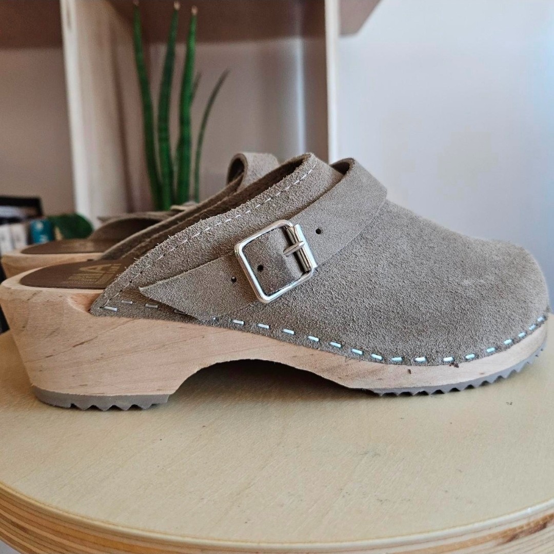 mia taupe suede leather slides mules clogs retro boho cottage hippie indie urban