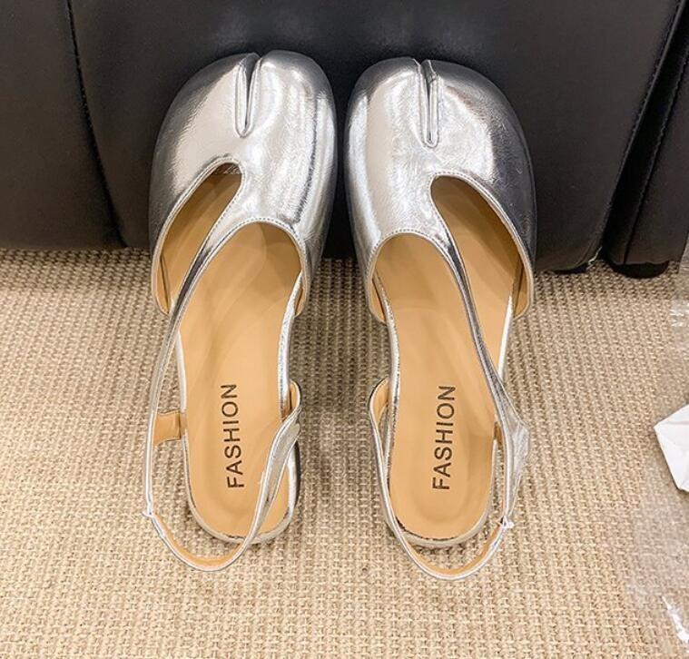 Women’s Leather Split Toe Slingback Flats T-Strap Cutout Backless Mule Sandals