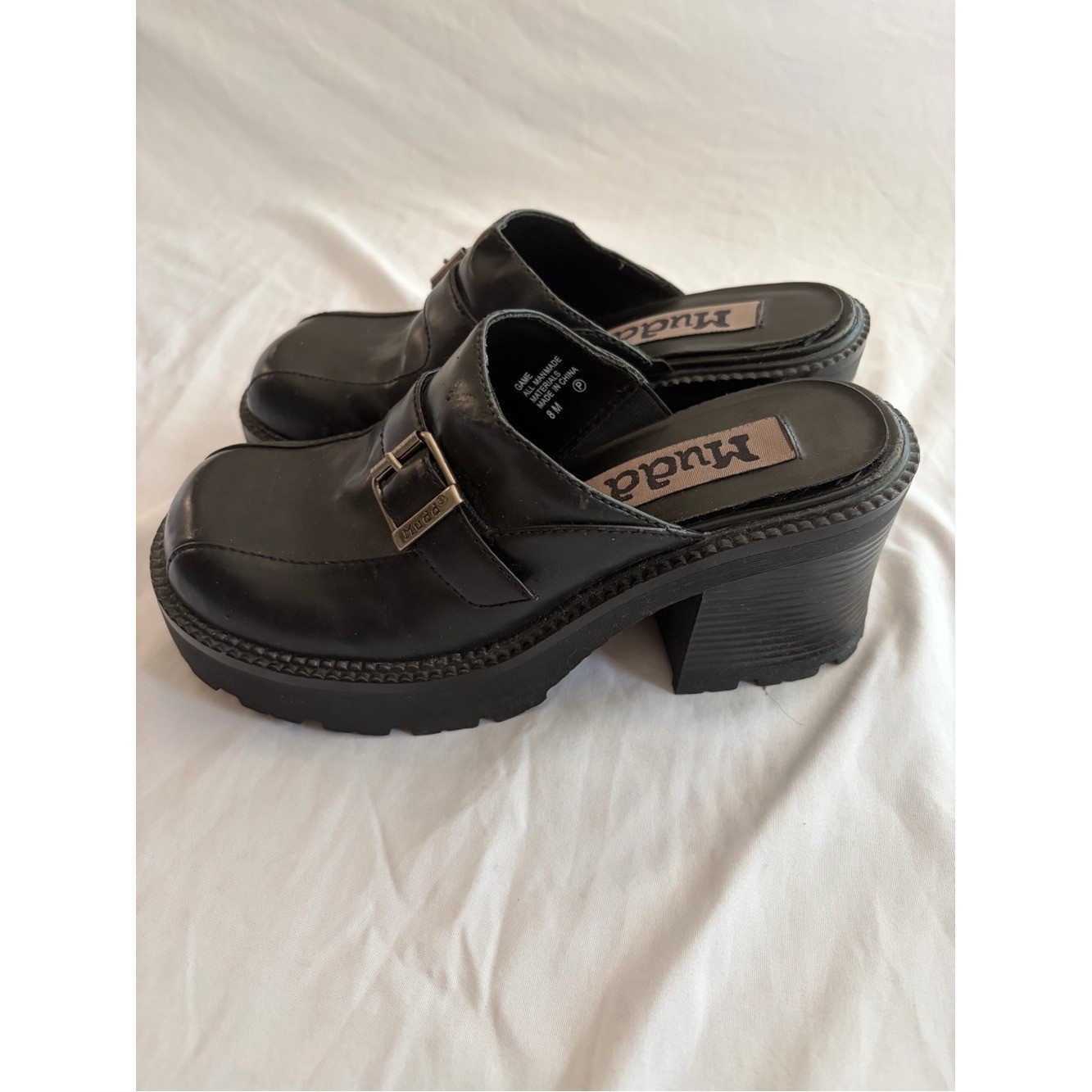 Mudd Black Chunky Platform Clogs Block Heel Silver Buckle Y2K Style Sizse 8.5