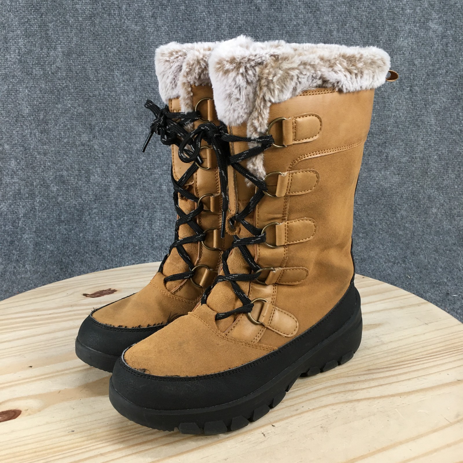 All in Motion Boots Womens 6 M Snow Brown Leather Mid Calf Side Zip Lace Up