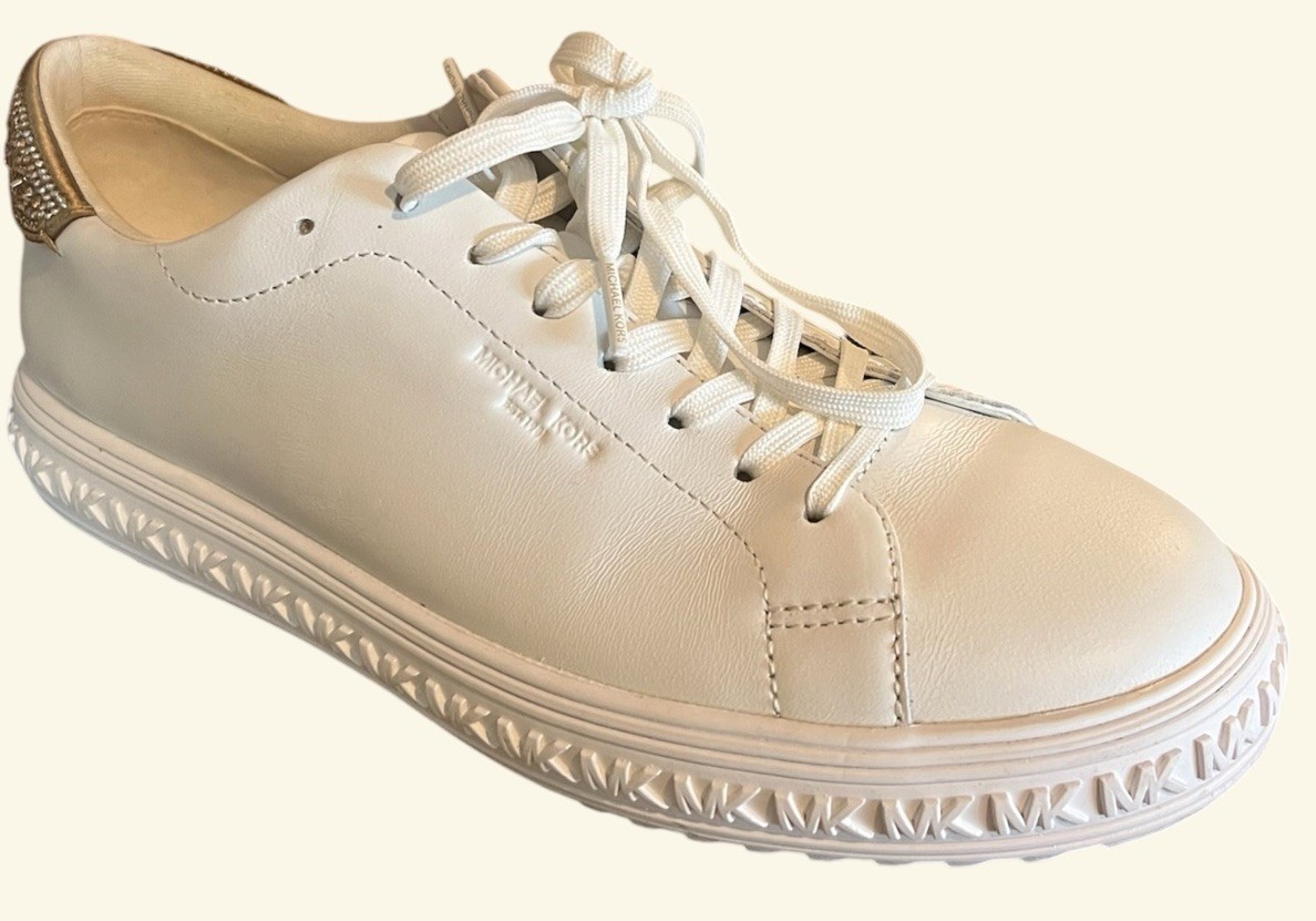 Michael Kors Grove Lace Up Women’s White/Gold Leather Rhinestone Low Top Sneaker