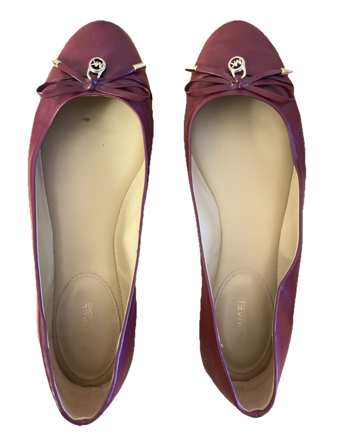 Michael Kors Burgundy Leather Ballet Flats Bow Logo Charm Round Toe Slip On 10