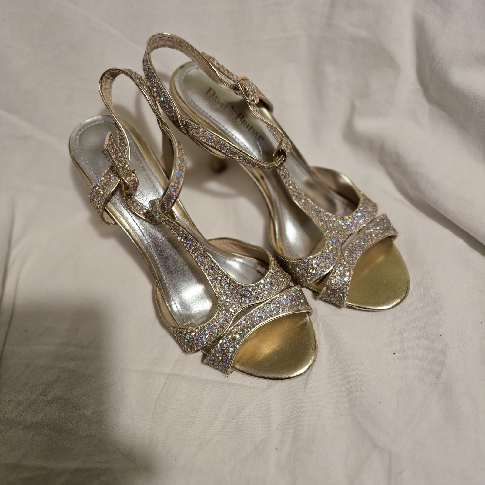 Women size 9 Gold Glitter Strappy Heels David’s Bridal Shoes Wedding Holidays