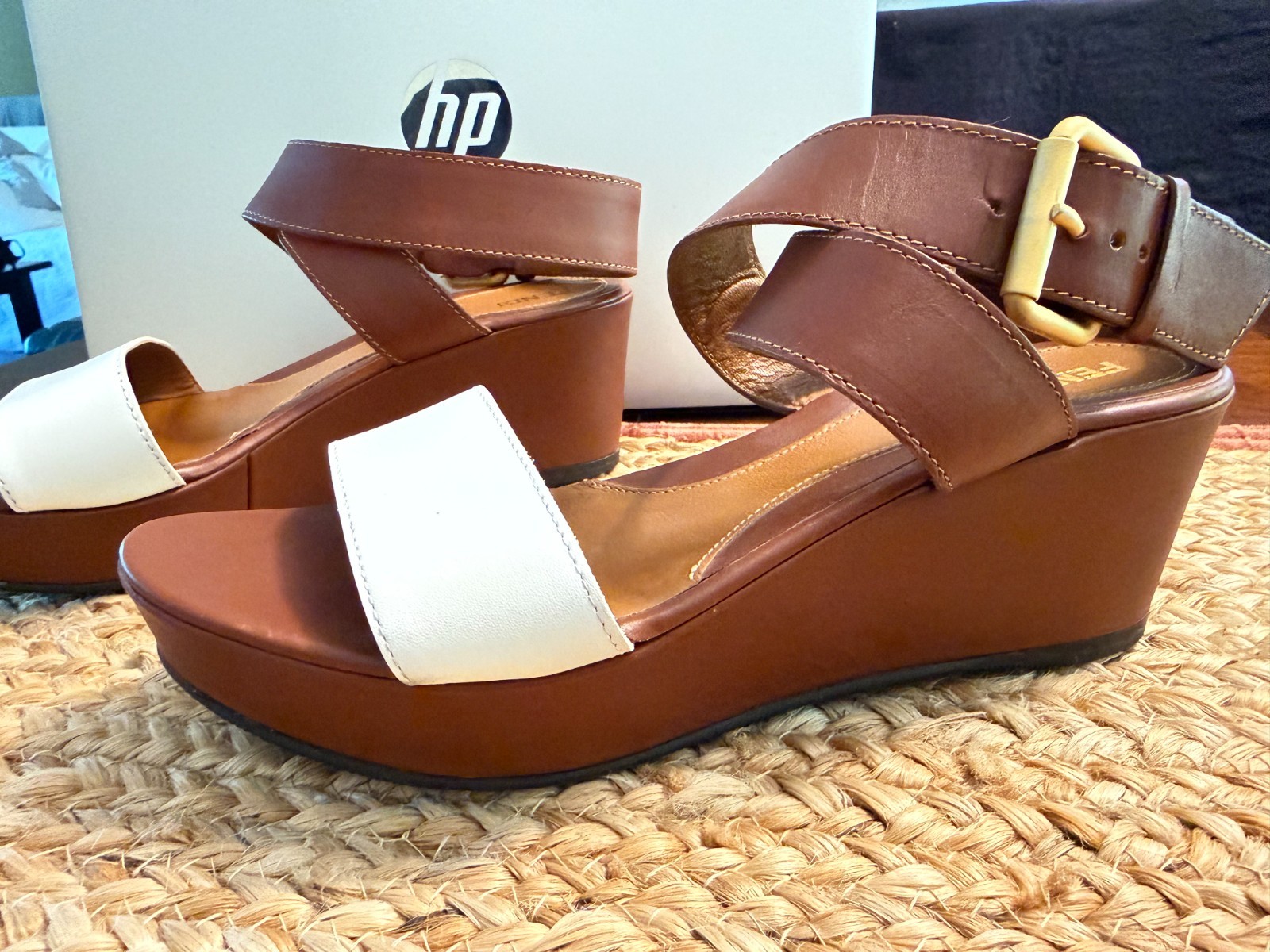 FENDI Two-tone Brown White Leather Platform Wedge Sandals Designer Clean 9/39
