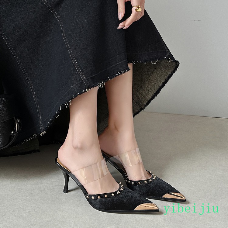 Women‘s Mid Heel Leather Horse Hair Mules Striped Leopard Rivets Dressy Slippers