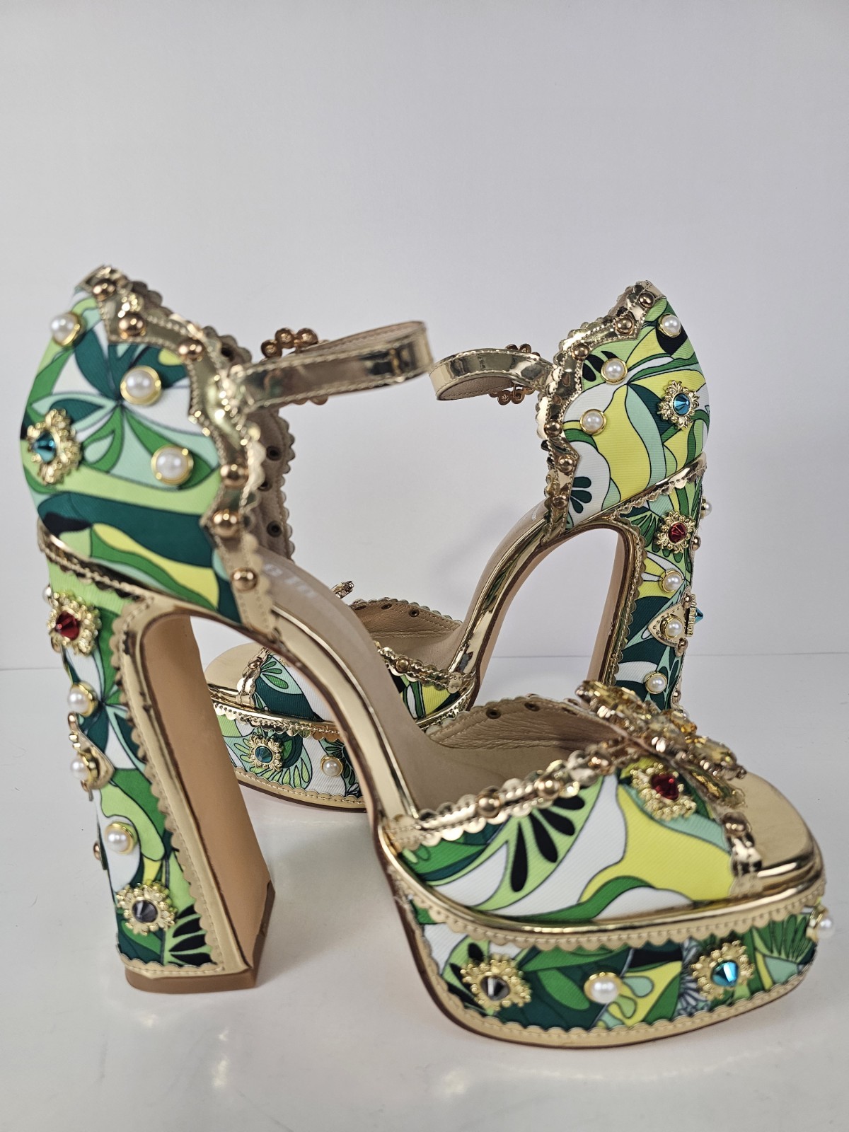 Retro 70s Style Rhinestone Pearl Embellished Platform Shoe Sandals S10 Jeweled
