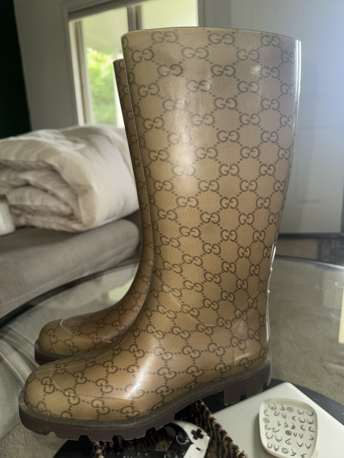 Gucci GG Monogram Knee-High Rubber Pull-On Rain Boots Beige/Brown size 37.