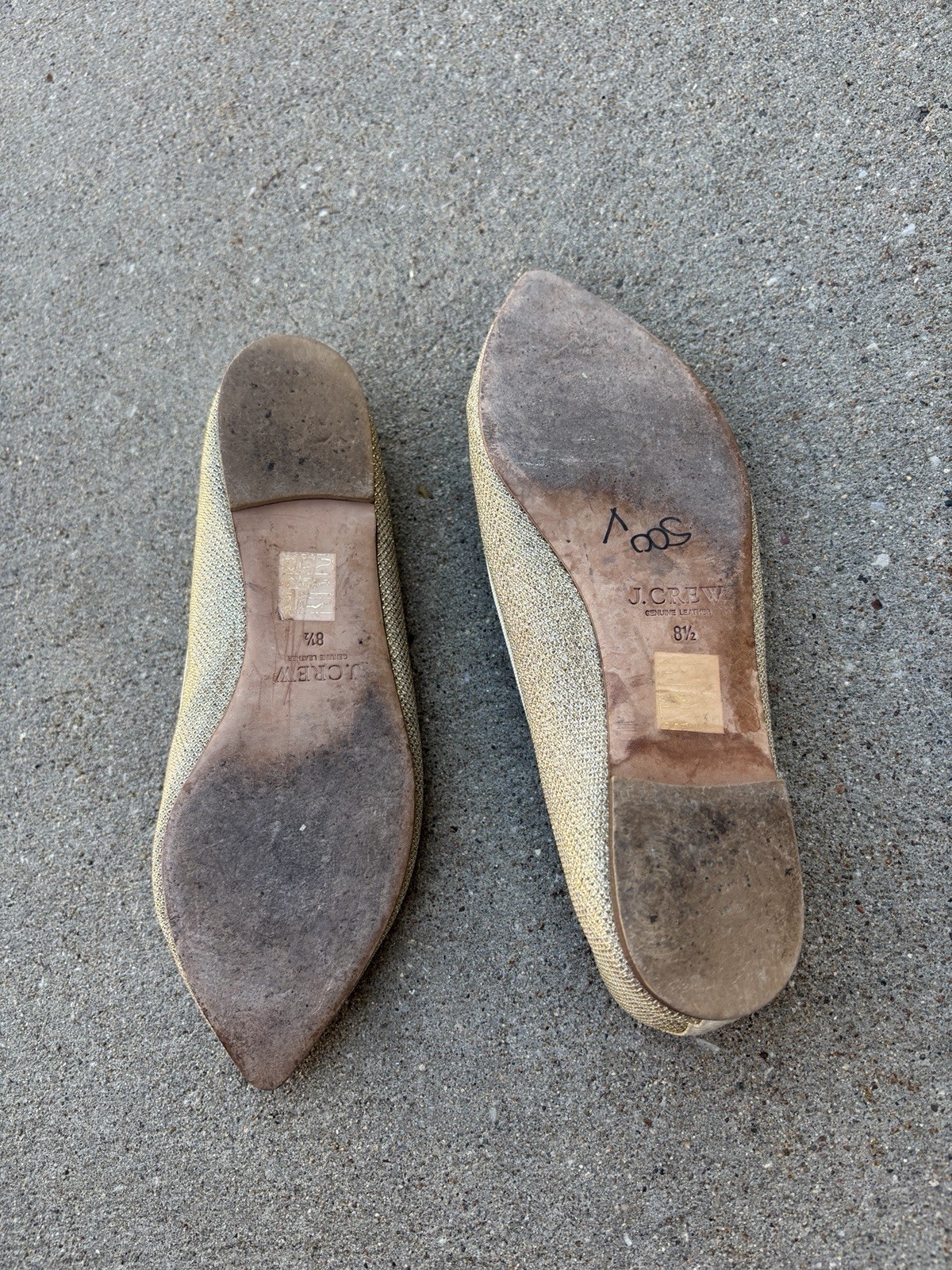 J Crew Size 8.5M Gold Metallic Ballet Flats Bow Cap Toe Leather Sparkly Shimmer