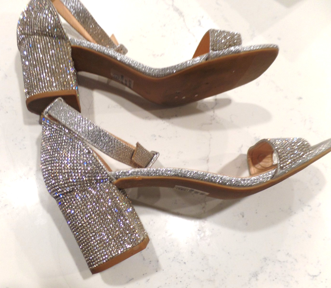 LADIES, SILVER, HIGH HEEL SHOES, WORN ONCE INSIDE, SIZE 9