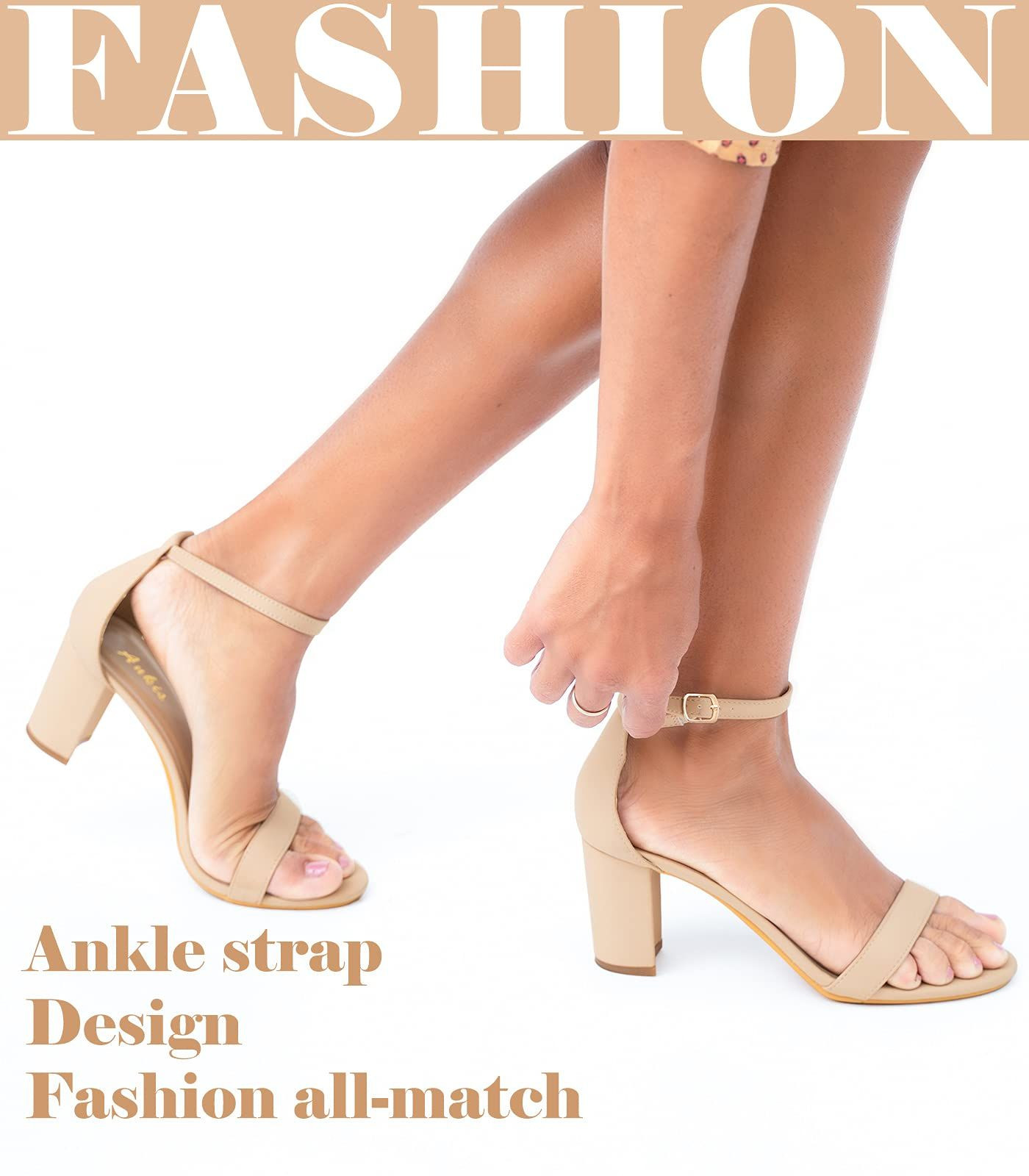 Ankis Nude Heels for Women – Open Toe Ankle Strap Chunky Heel 5, Nubuck