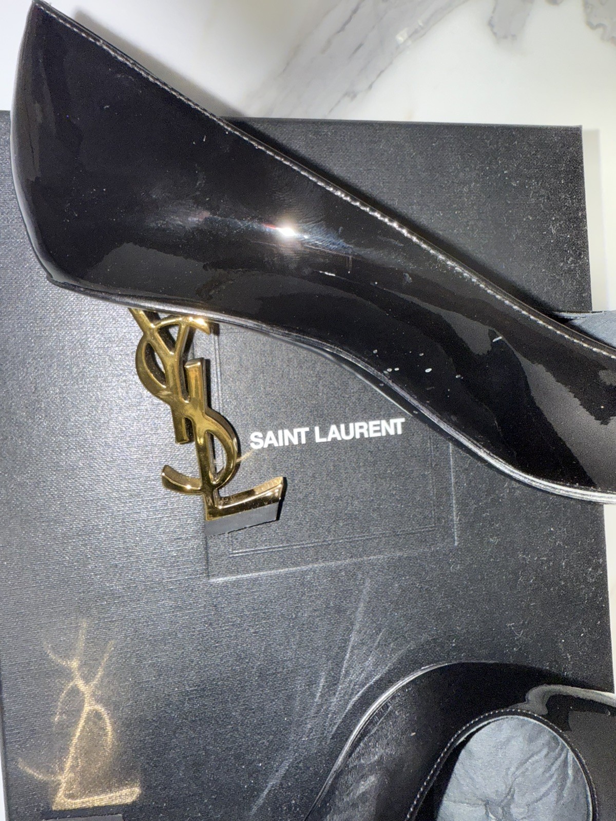 Saint Laurent Opyum 8.5cm Heel Pumps Black Leather Gold YSL Heel Size 7