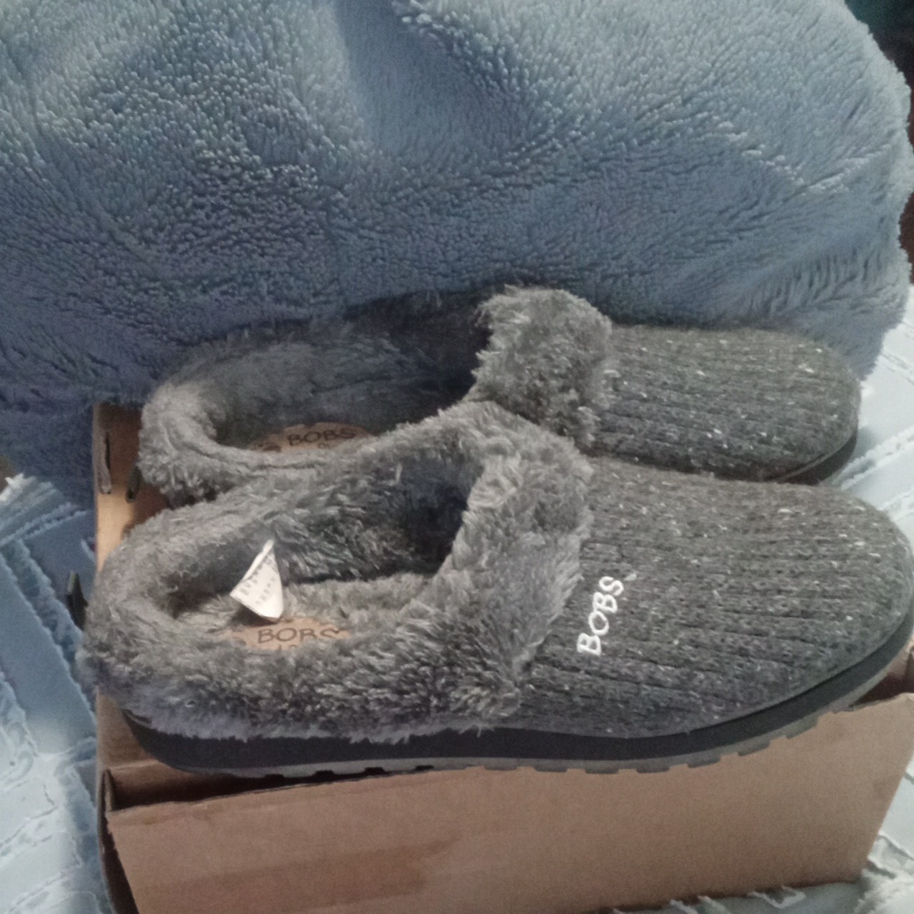 BOBS from Skechers Gray Knit Faux Fur Lined Mule Slippers Women’s US 11