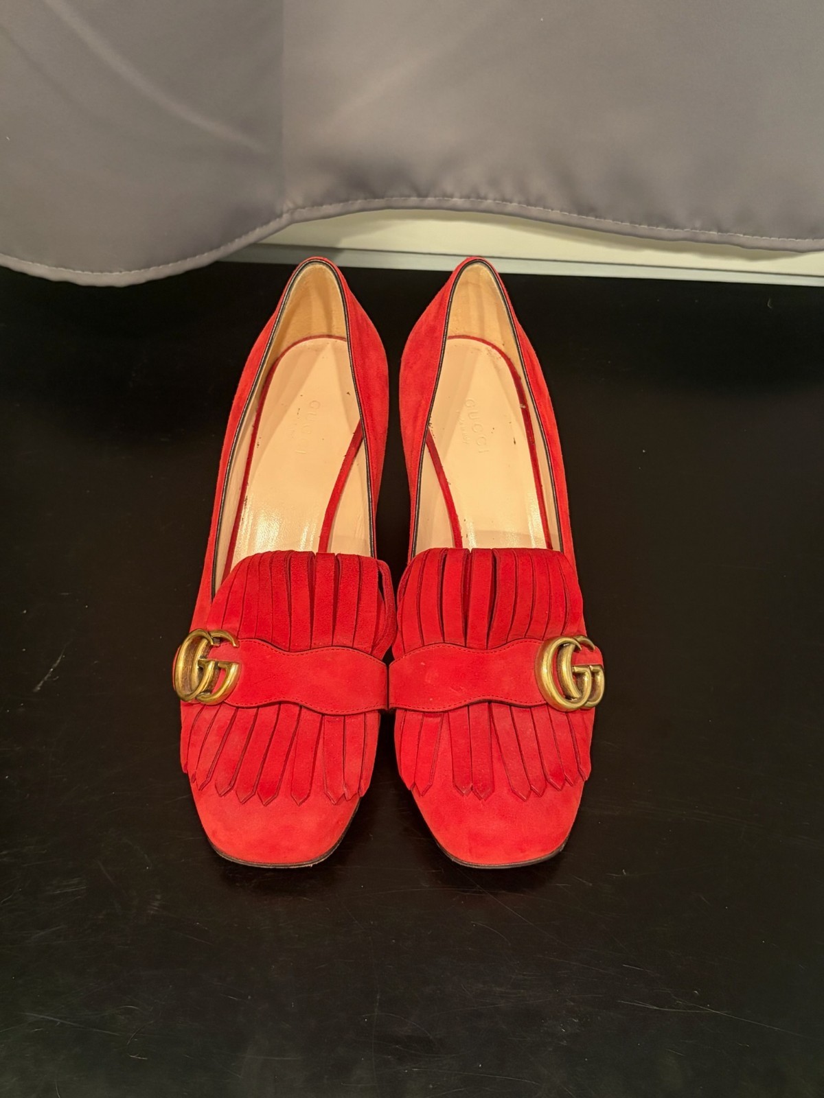 Gucci GG Marmont Fringe Red Suede Block Heel Loafer Pumps Shoes EU 39 Italy