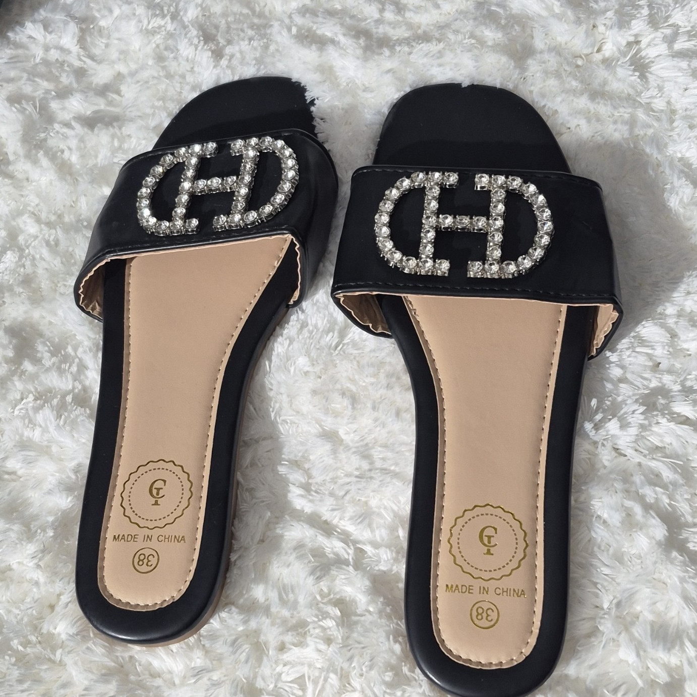 G Black Slide Sandals Women Logo Beaded Accent Synthetic EU 38 Slip On