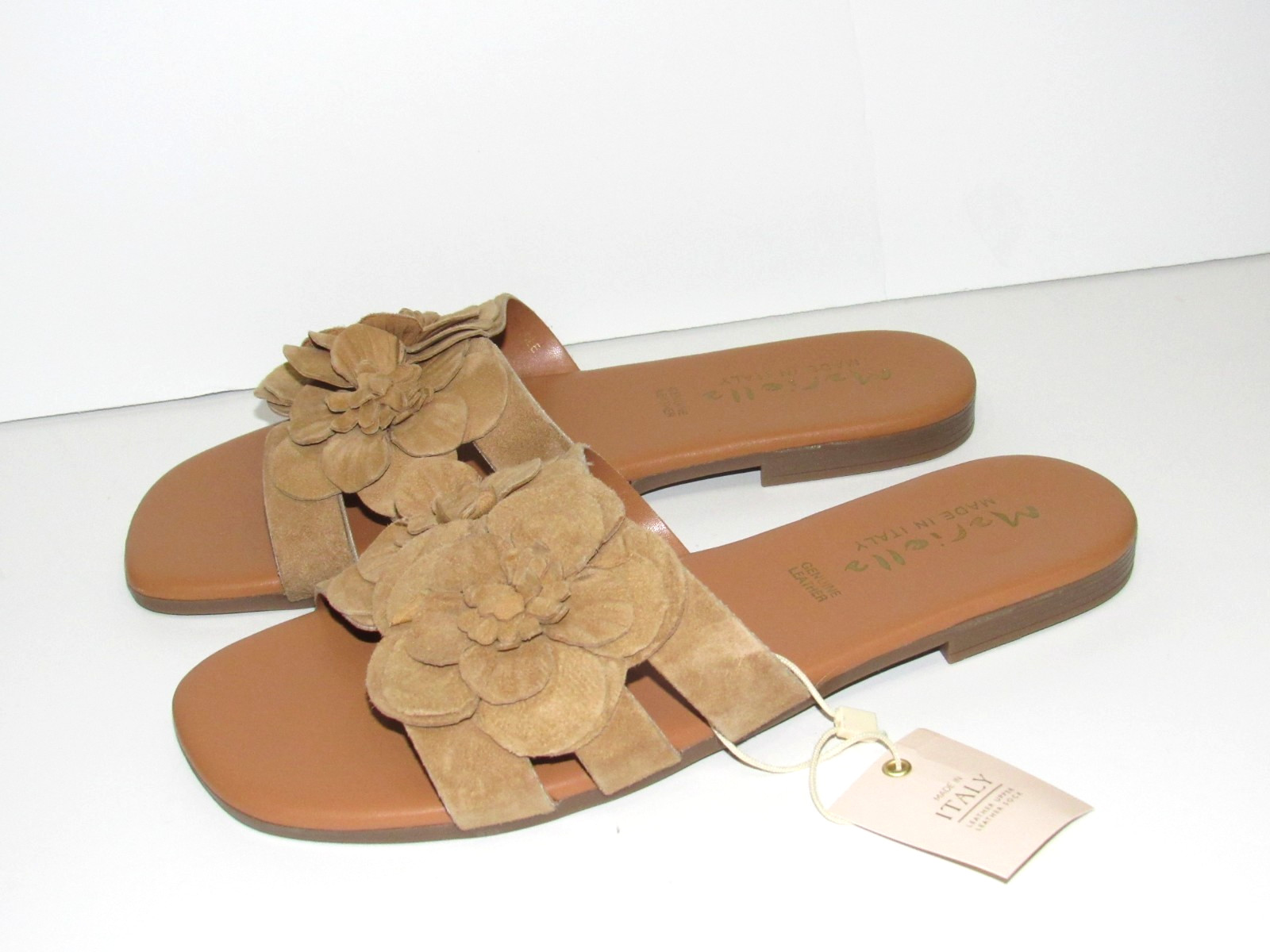 Mariella ITALY Tan Suede Flower Cushioned Flat Slides Sandals Womens size 9.5 US