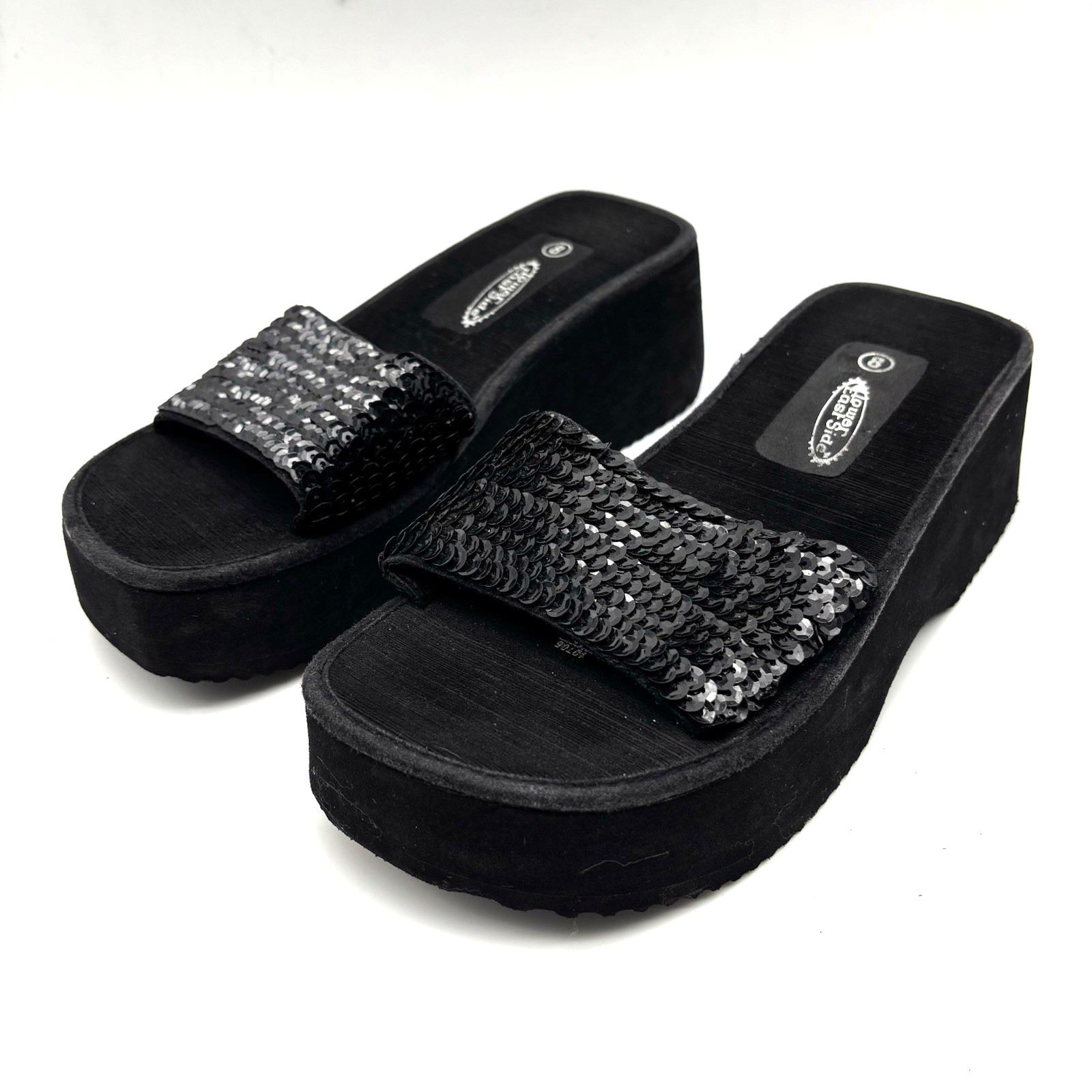 Vintage 90s Y2K Lower East Side 10706 Black Platform Sequin Strap Slide Sandal 8