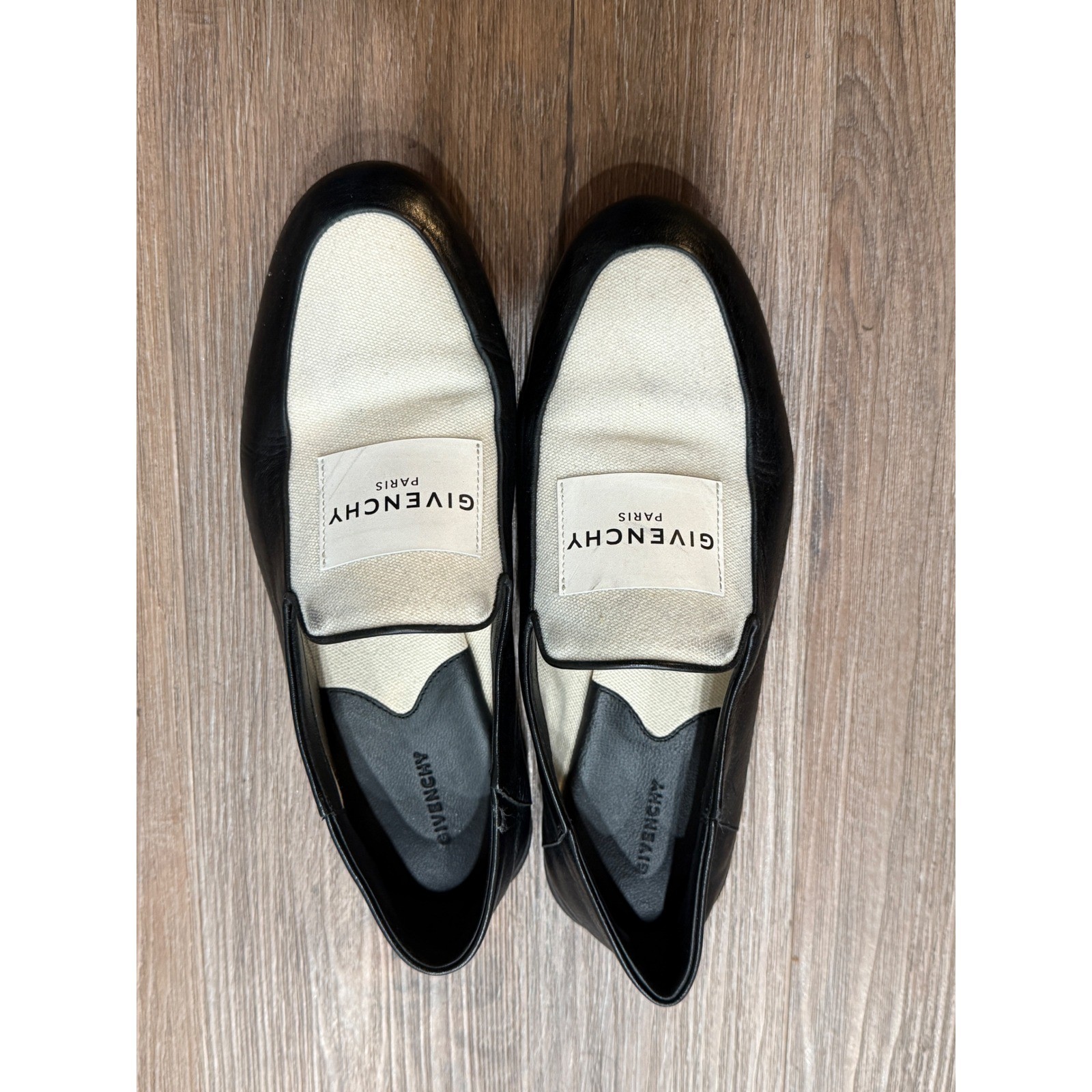 Givenchy Paris Black Leather Cream Canvas Logo Loafers Flats Made in Italy 38