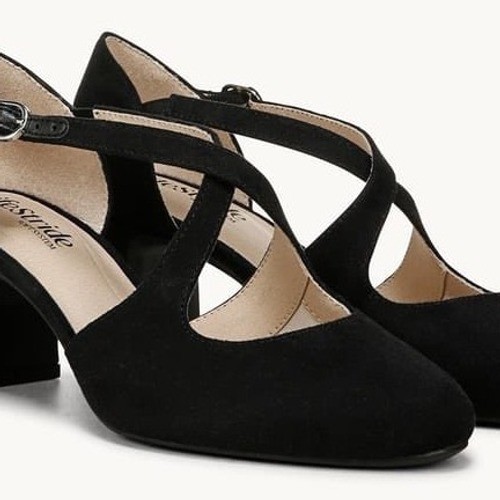 LifeStride Tracy Black Micro Strappy Pump Block Heel Almond Toe Shoes 8.5W wide