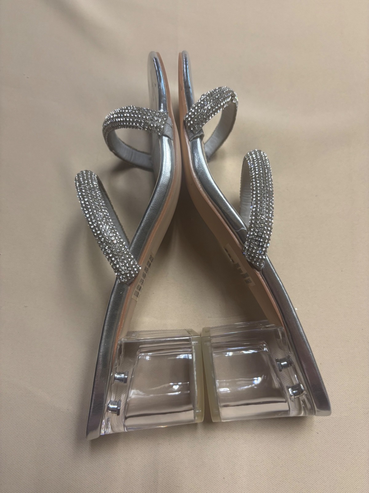 JustFab Block Heel Women’s Silver Chloe Slip On Strap Beaded Clear Sz 10 READ