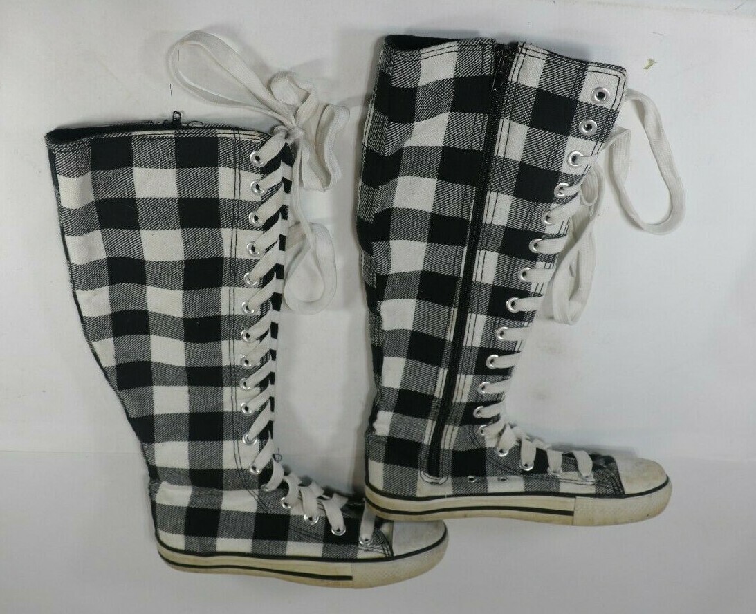 Black & White Knee High Sneakers Zip Cotton 15″ Tall Women’s US Size 4