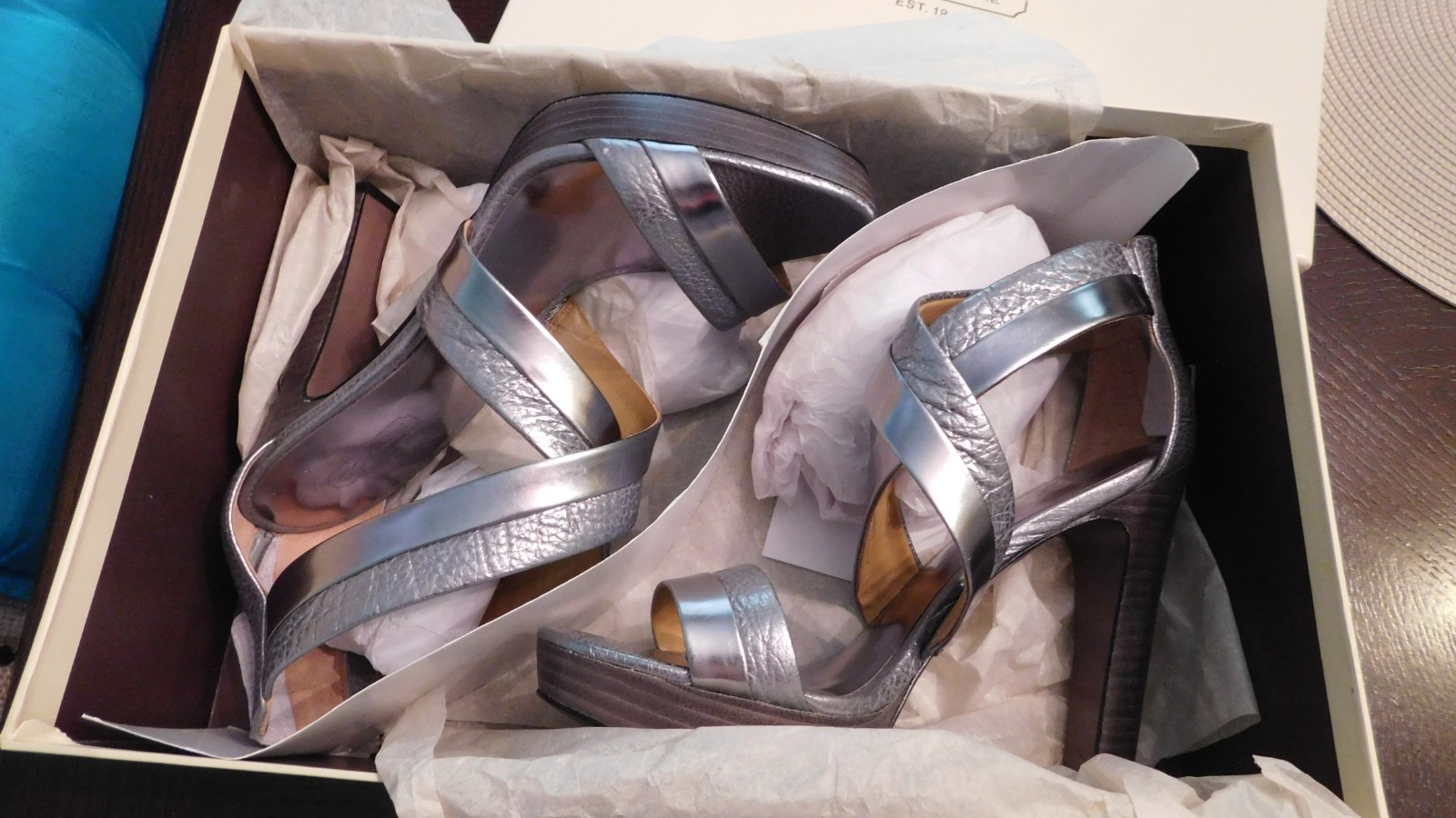 NEW! COACH A3723 BRYNN CUBA Platform Heels Leather Metallic Pewter 8.5 MSRP $218