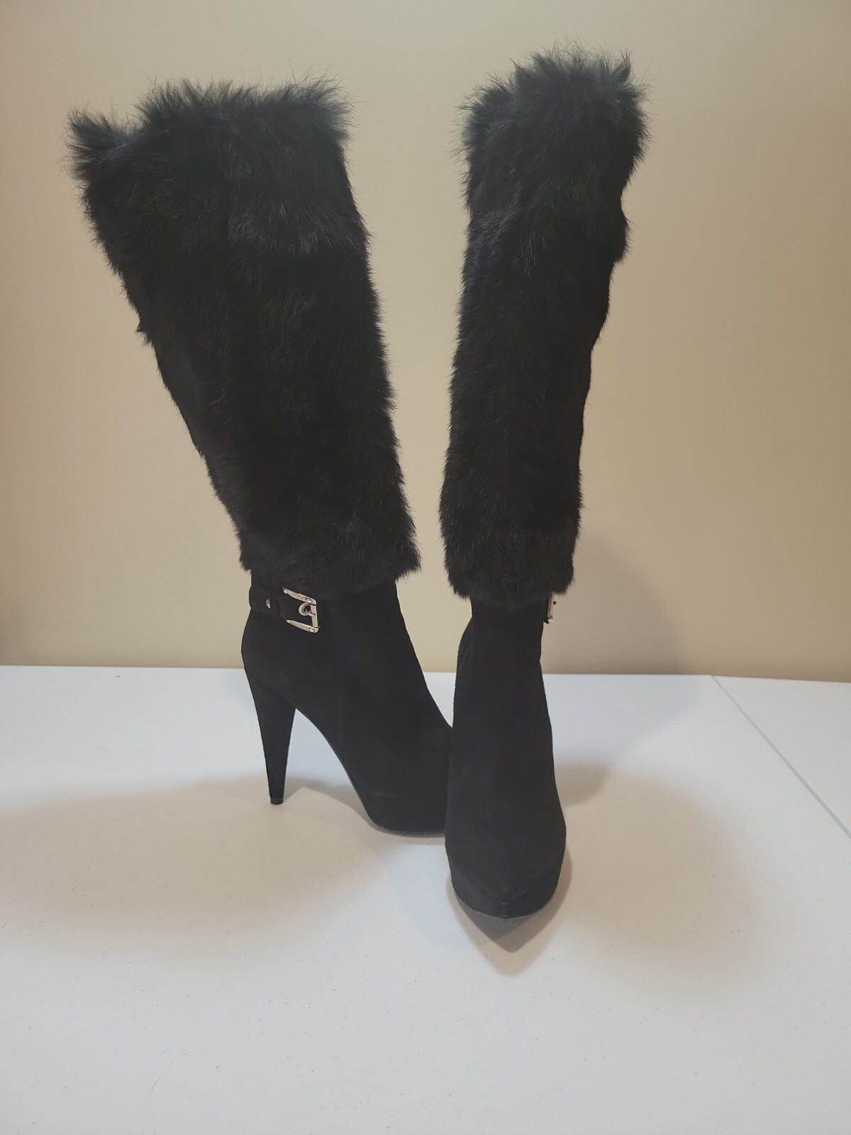 Stuart Weitzman Knee High Black Suede & Fox Fur Platform High Heel Boots