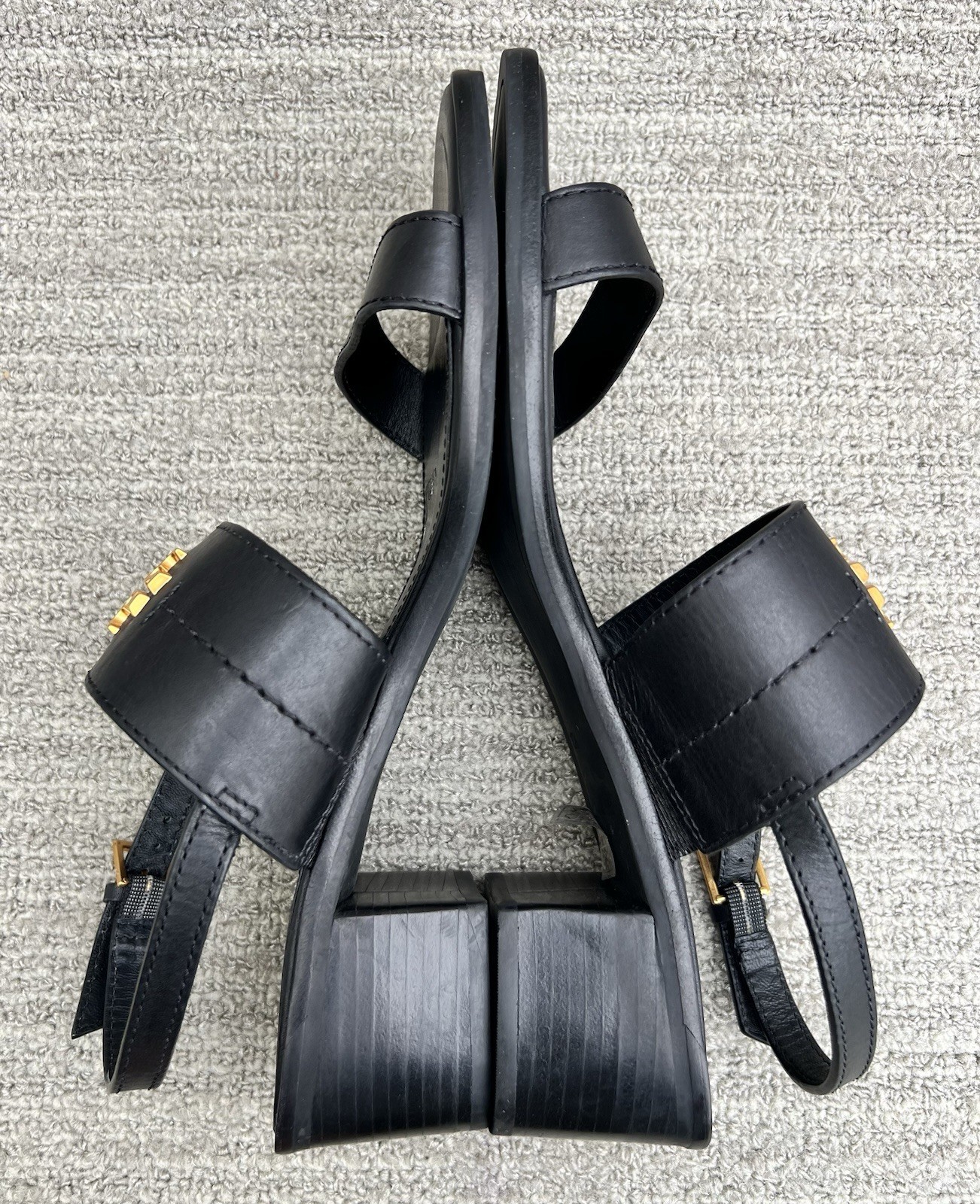 TORY BURCH Eleanor Block Heel Black Leather Sandals Women’s Size 10 US