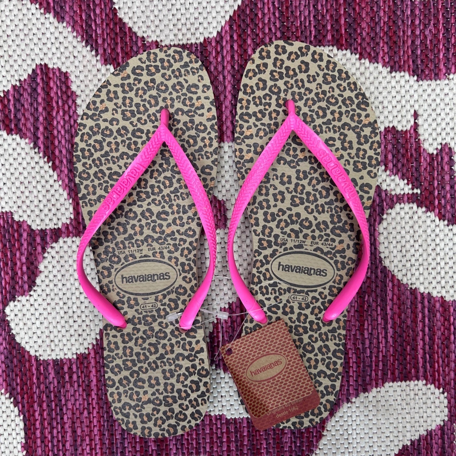 Havaianas Slim Leopard Flip Flops Neon Pink Straps Womens 11/12 41/42 New