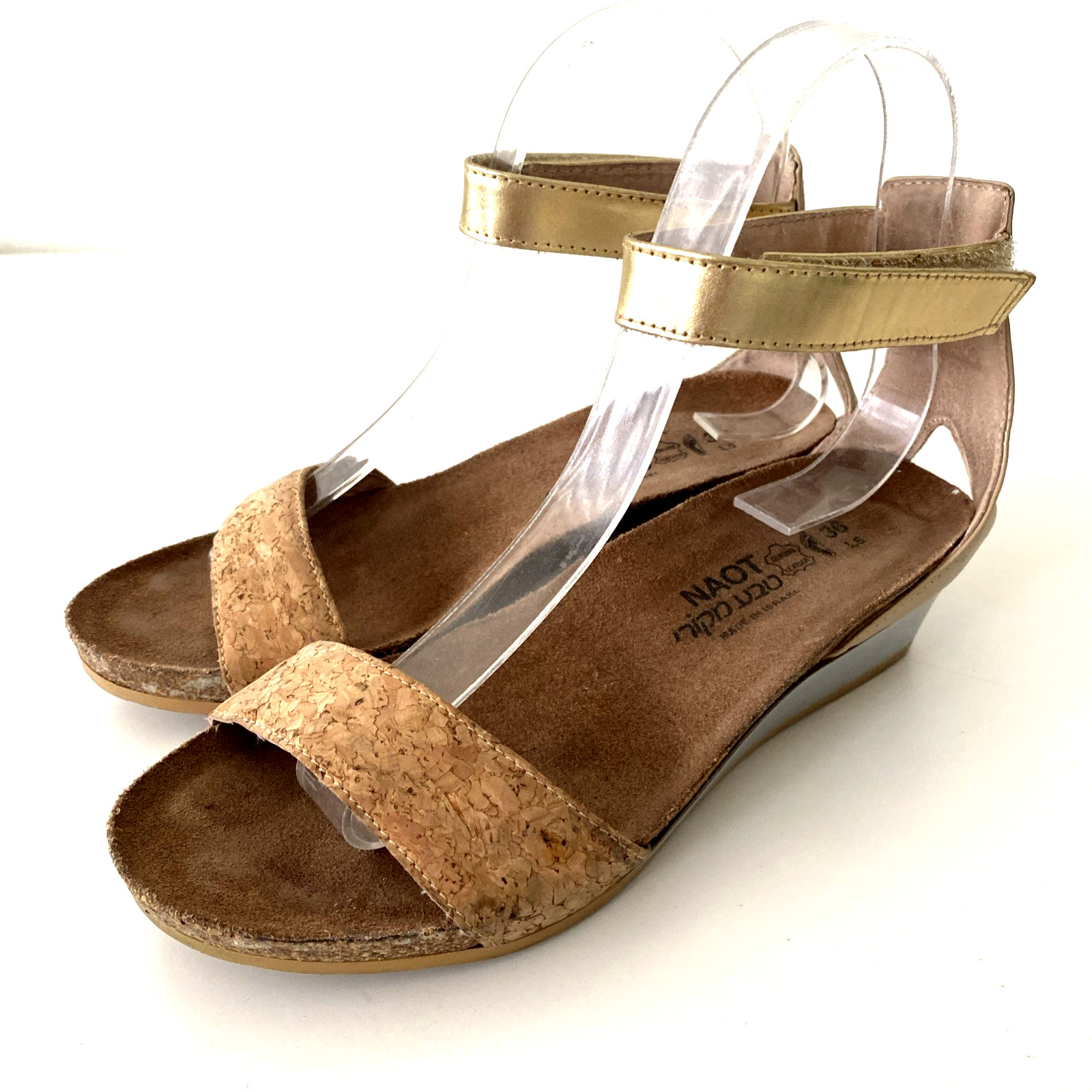 Naot Pixie Low Wedge Sandal Gold Tan Cork Open Toe Ankle Strap Comfort 36 5