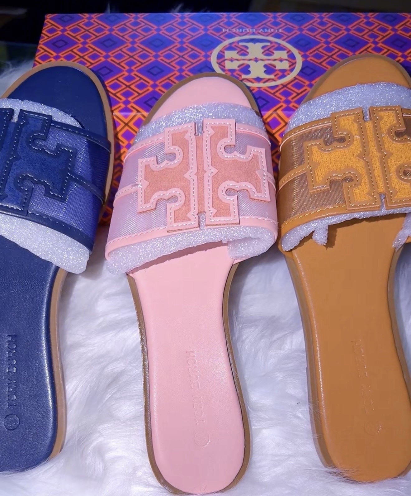 Women’s Multicolor Glitter Logo Slide Sandals Cushioned Slip-On Synthetic US 8.5
