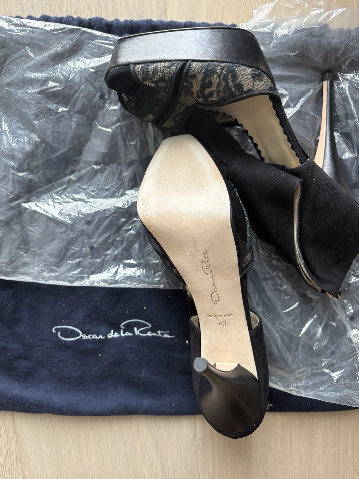 Oscar de la Renta Black Lace Floral Platform Peep Toe Stiletto Heel EU 40