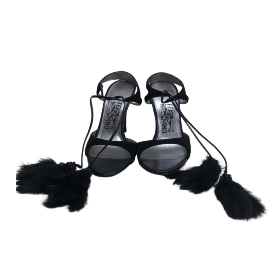 Salvatore Ferragamo Heels black suede mink fur tassels – Vintage (sourced in JP)