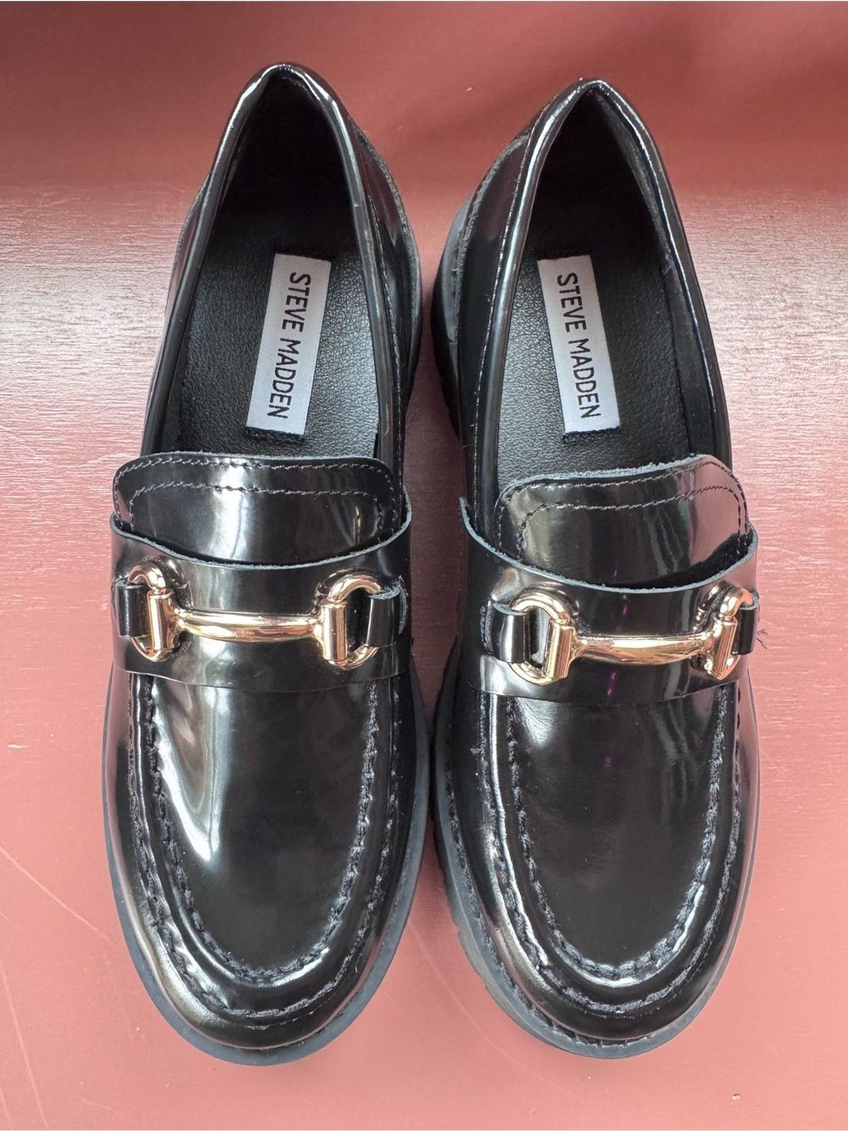 Steve Madden Lando Black Leather Chunky Loafers with Gold Buckle LIKE NEW Size 6