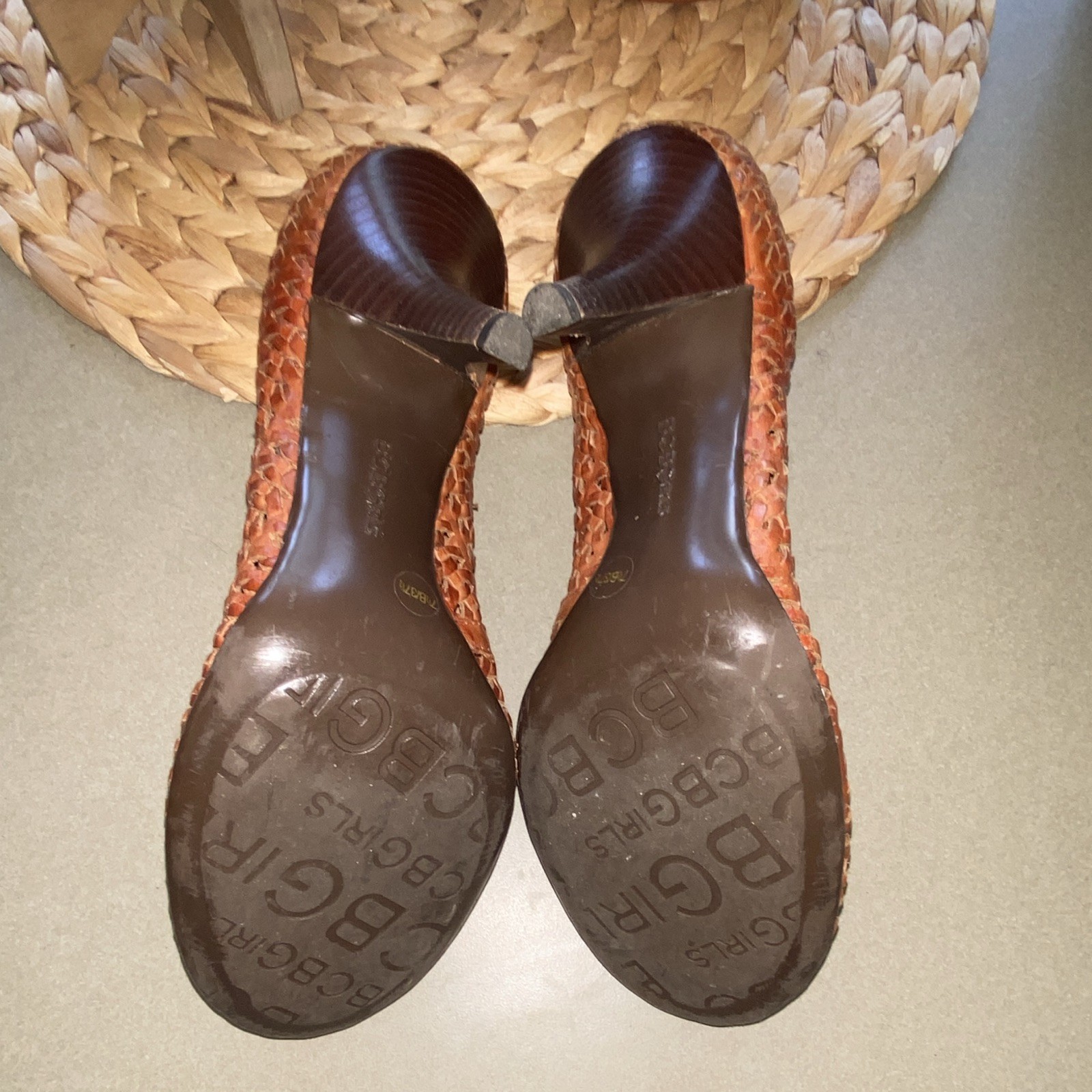 BCBGirls Brown Woven Leather Round Toe Stiletto Slip-On Pump Heels