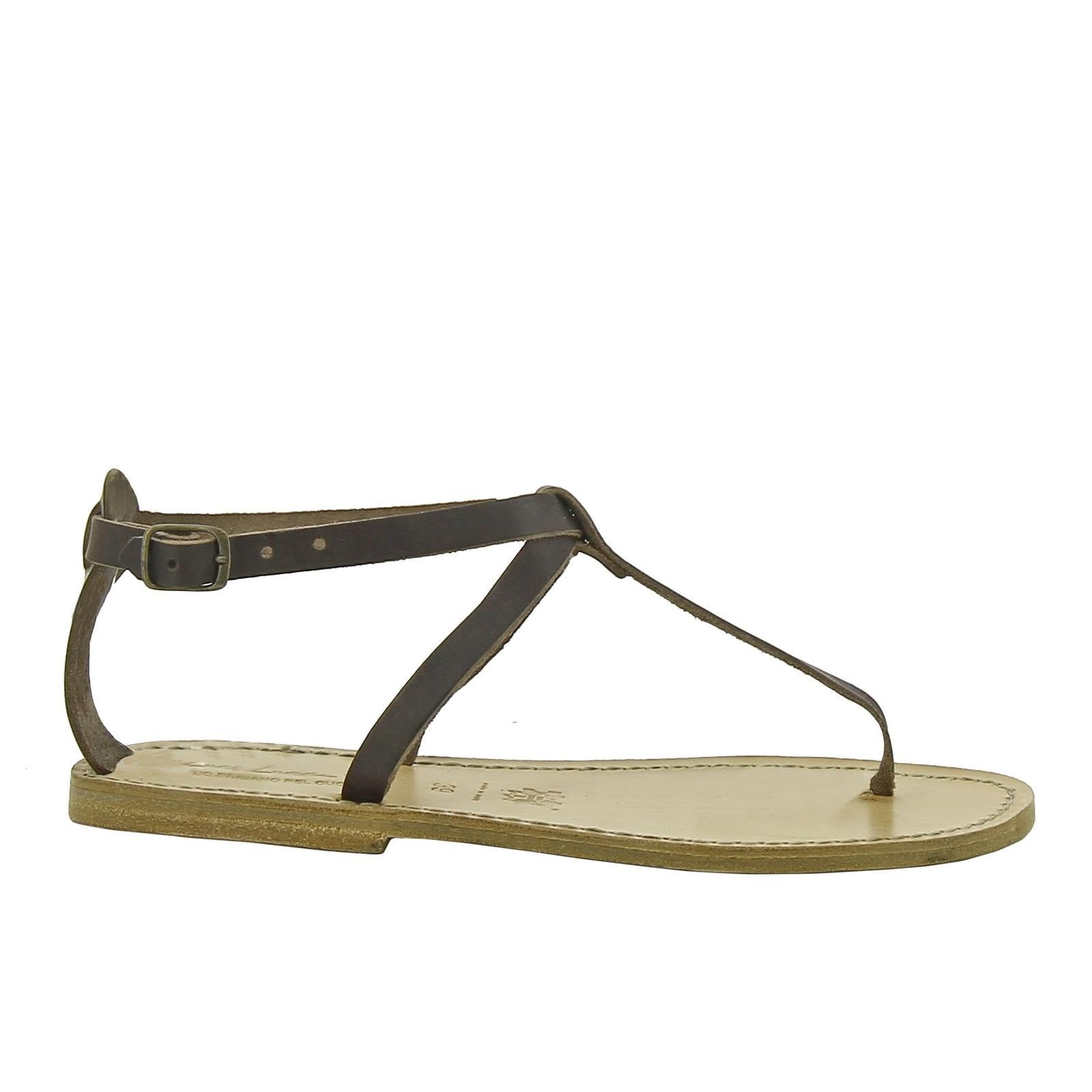 Handmade t-strap dark brown leather flat sandals for women