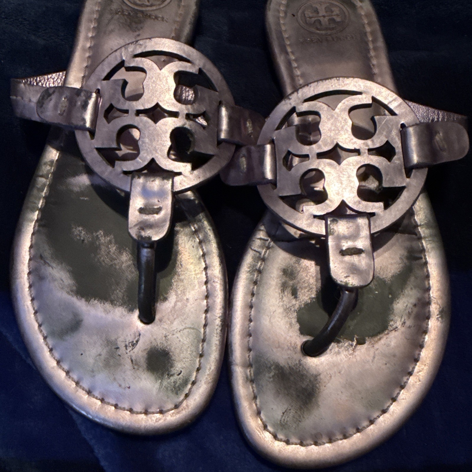 Tory Burch Miller Mirrored Lilac/Lavendar Leather Sandals Sz 6 M See pictures