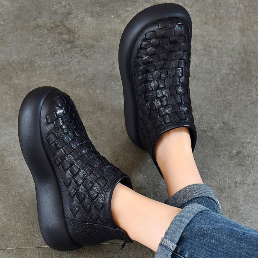 Thick Sole Ankle Boots Women’s Genuine Leather Round Toe Flat Platform Creepers