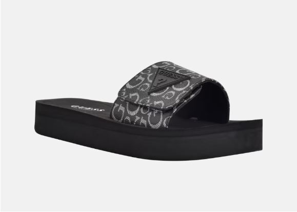 NEW WOMENS GUESS BLACK LOGO SLIDE PARTIES FLIP FLOPS WEDGE PLATFORM 5,6,7,8,9,10