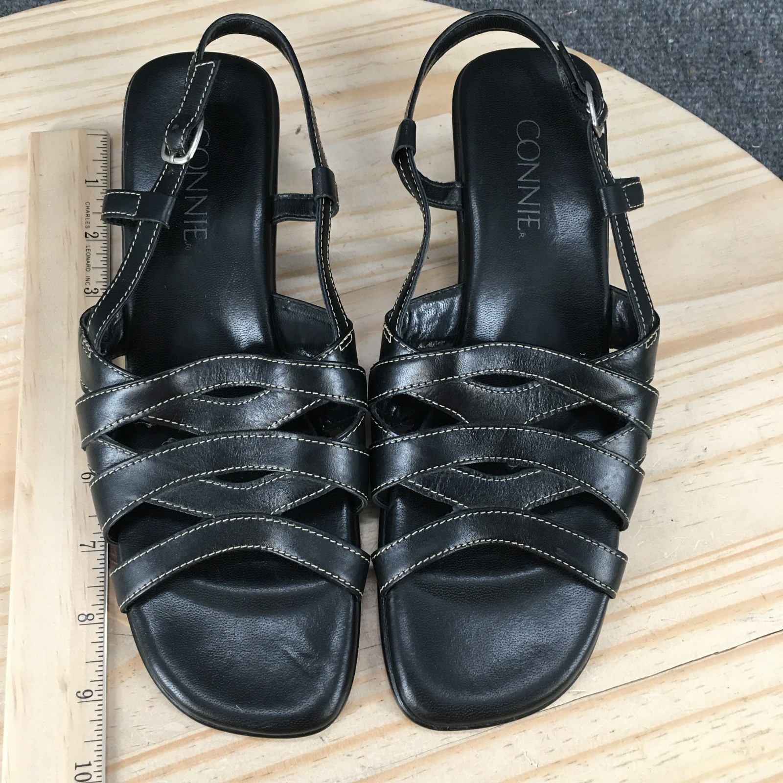 Connie Sandal Womens 7 M Skippy Strappy Slingback Low Heel Leather Casual Black