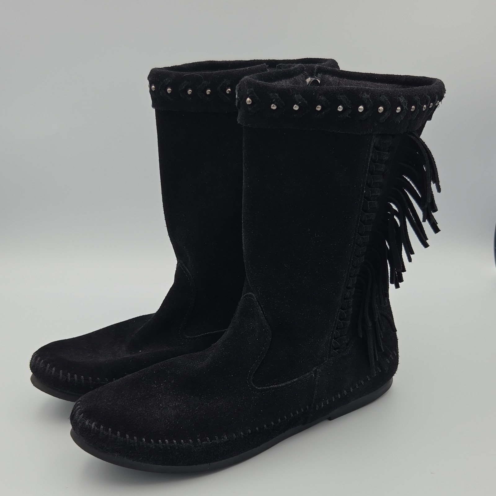 MINNETONKA Moccasin Boots Black Suede Fringe Style 1699 Womens Size 9