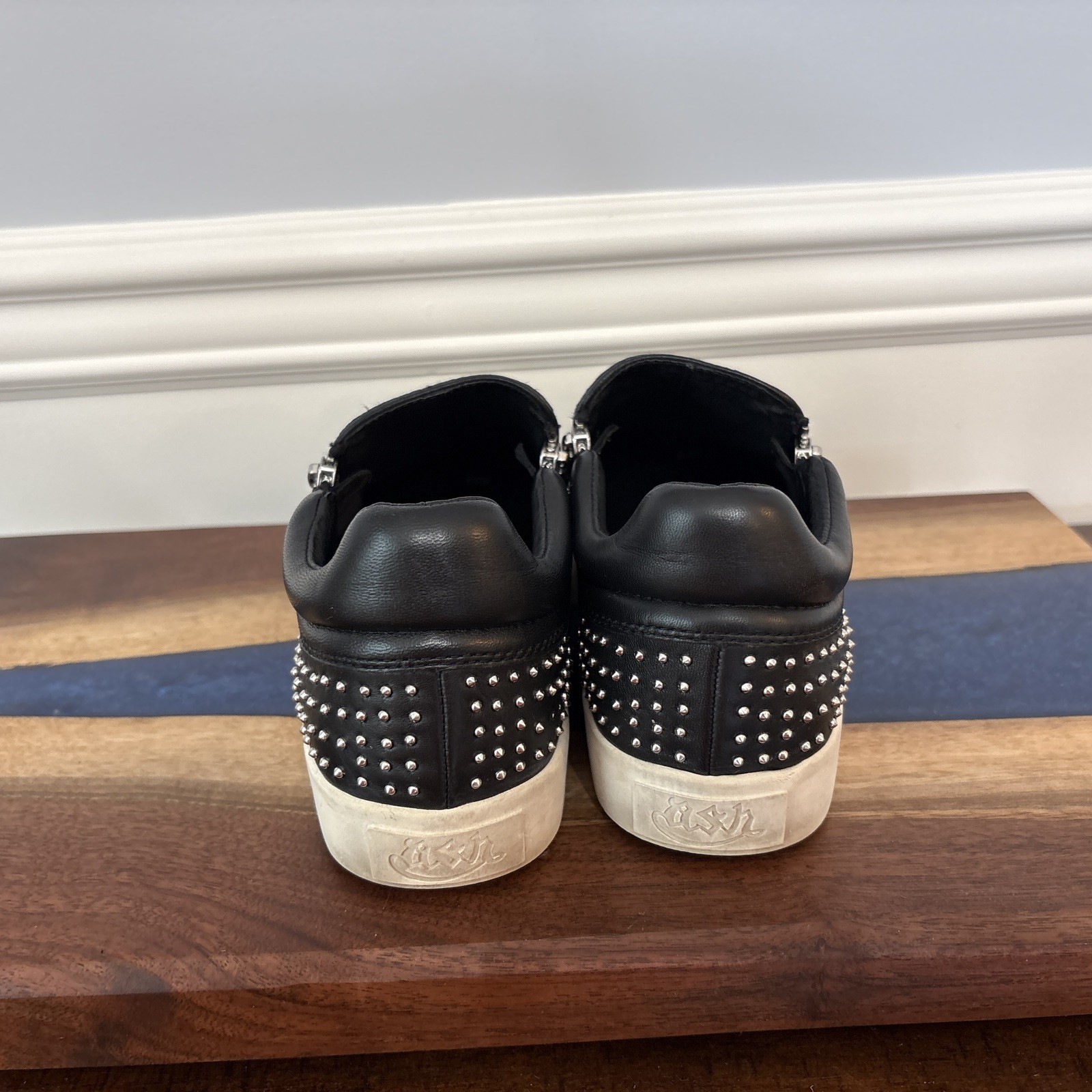 Ash IMAN Studded Sneaker Double Zip Black Leather/White/Silver Size 40 US 9.5-10