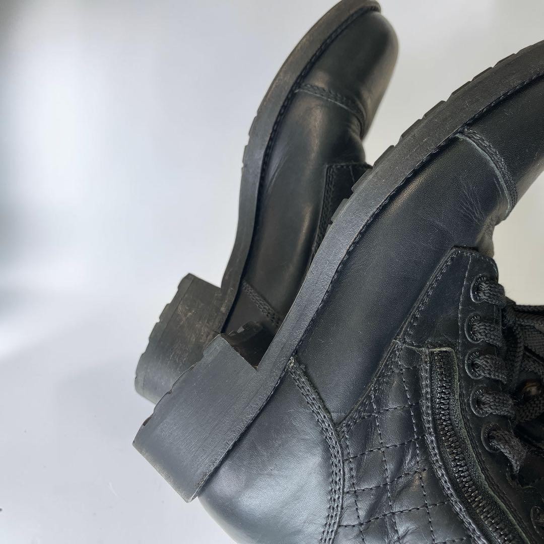 CHANEL Lace Up Boots Womens Black Leather Quilted CC Logo CombatZip US 6.5